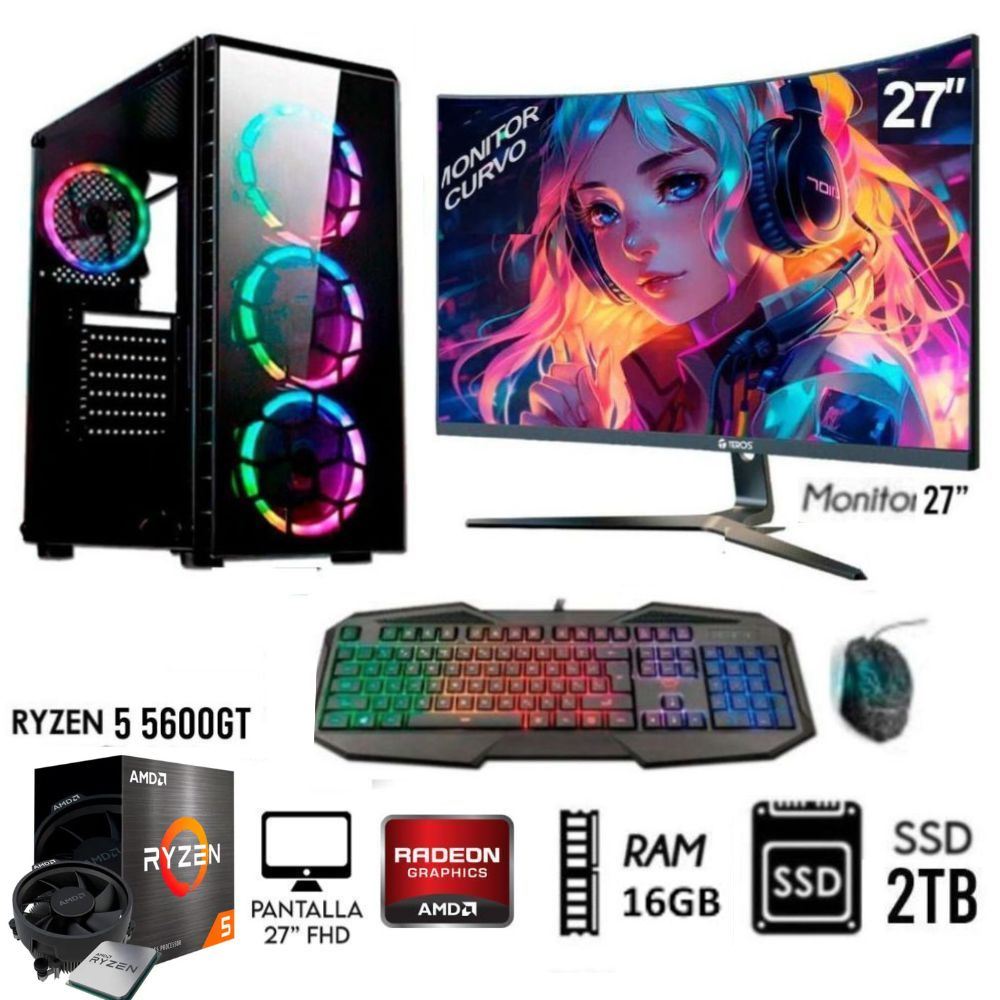 COMPUTADORA PC GAMER RYZEN 5 5600GT RAM 16GB DISCO SSD 2TB, Monitor 27"